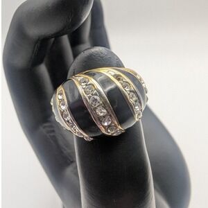 Vintage Black Enamel & Gold Tone Dome with Clear Rhinestones Ring Sz 5 READ